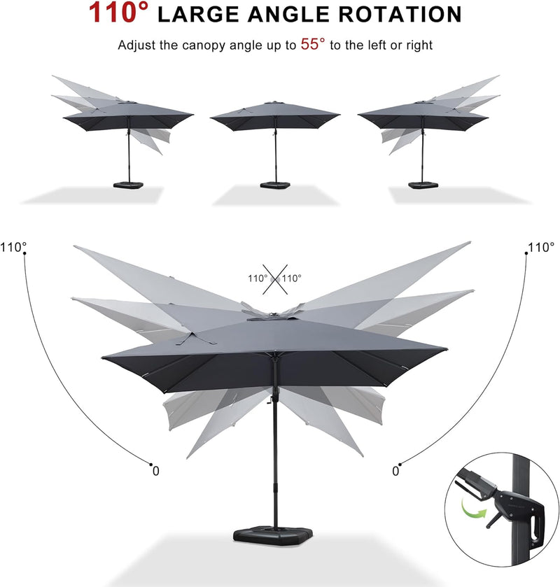 The easy-tilt system allows you to adjust the canopy angle up to 60° to the left or right, keep the shade as the sun moves throughout the day, and adjust the angle you want whenever you want.The crank system of Purple Leaf cantilever umbrella makes it easy to raise and lower the canopy, 5 height and angle to choose, foot pedal allows for complete 360 degree 