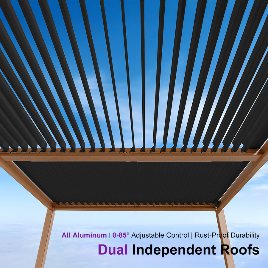 PURPLE LEAF Caesar Louvered Pergola Outdoor Wood Grain Frame Gray Roof