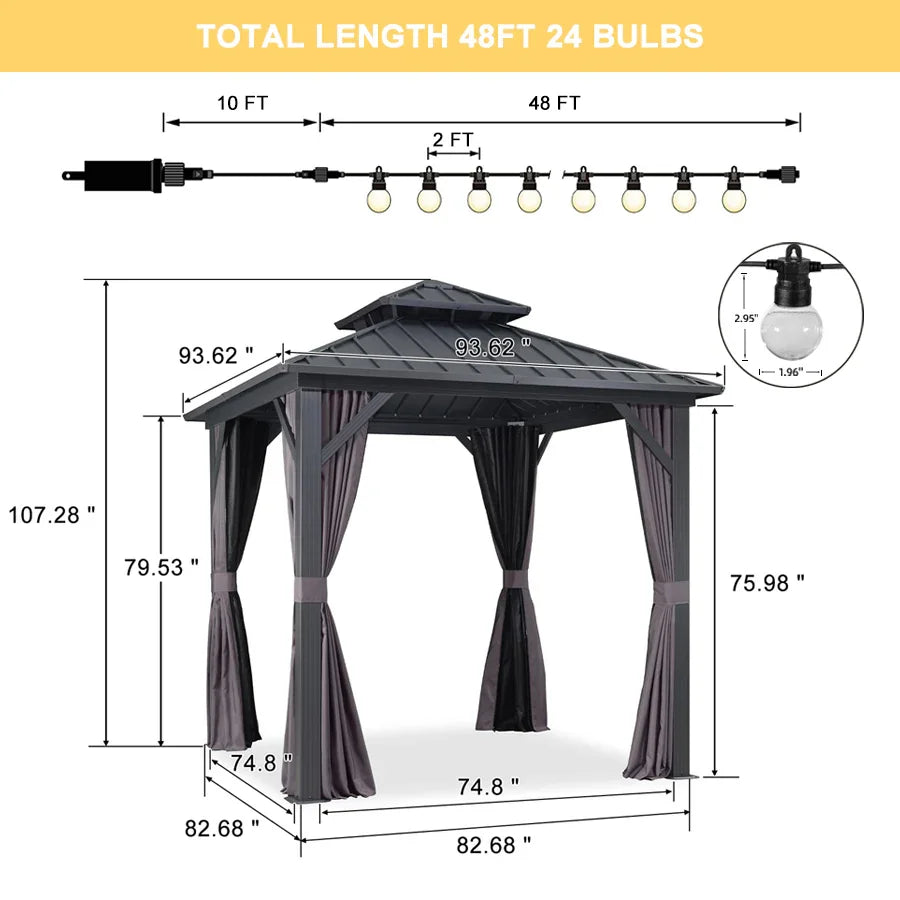 Grey Hardtop Gazebo | Galvanized Double Roof & Lights