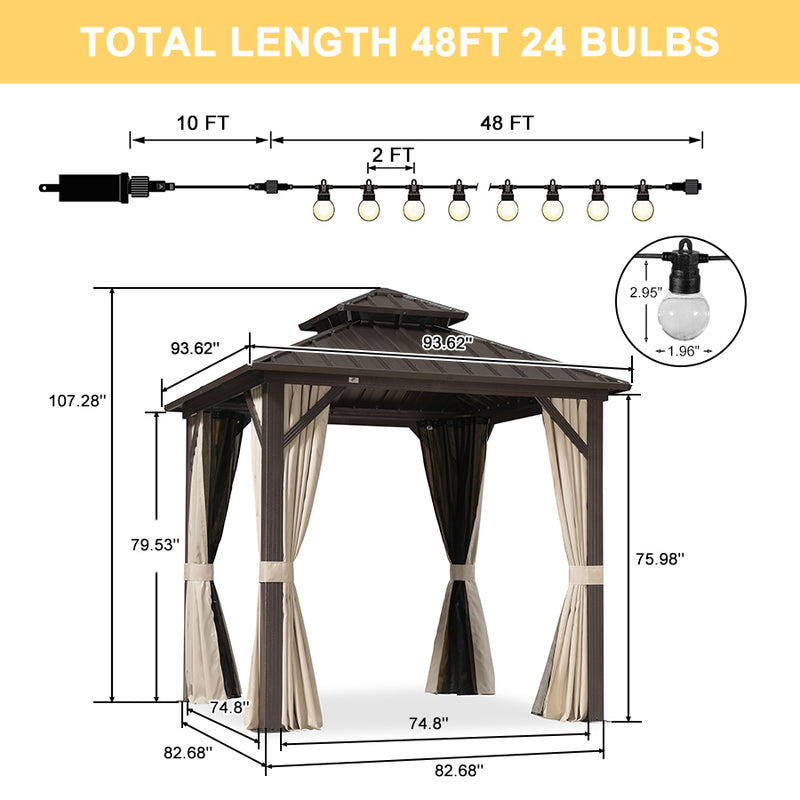 PURPLE LEAF Outdoor Hardtop Gazebo Bronze Metal Frame Galvanized Steel Double Roof with Lights-milky