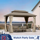 PURPLE LEAF Deck Gazebo Champagne Hardtop Metal Frame Double Roof with Curtains and Netting