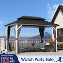 PURPLE LEAF Modern Gazebo Grey Hardtop Galvanized Steel Double Roof White Aluminum Poles with Curtains and Netting