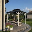 PURPLE LEAF Modern Gazebo Grey Hardtop Galvanized Steel Double Roof White Aluminum Poles with Curtains and Netting with Lights-clear