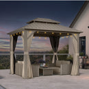 PURPLE LEAF Deck Gazebo Champagne Hardtop Metal Frame Double Roof with Curtains and Netting with Lights-clear