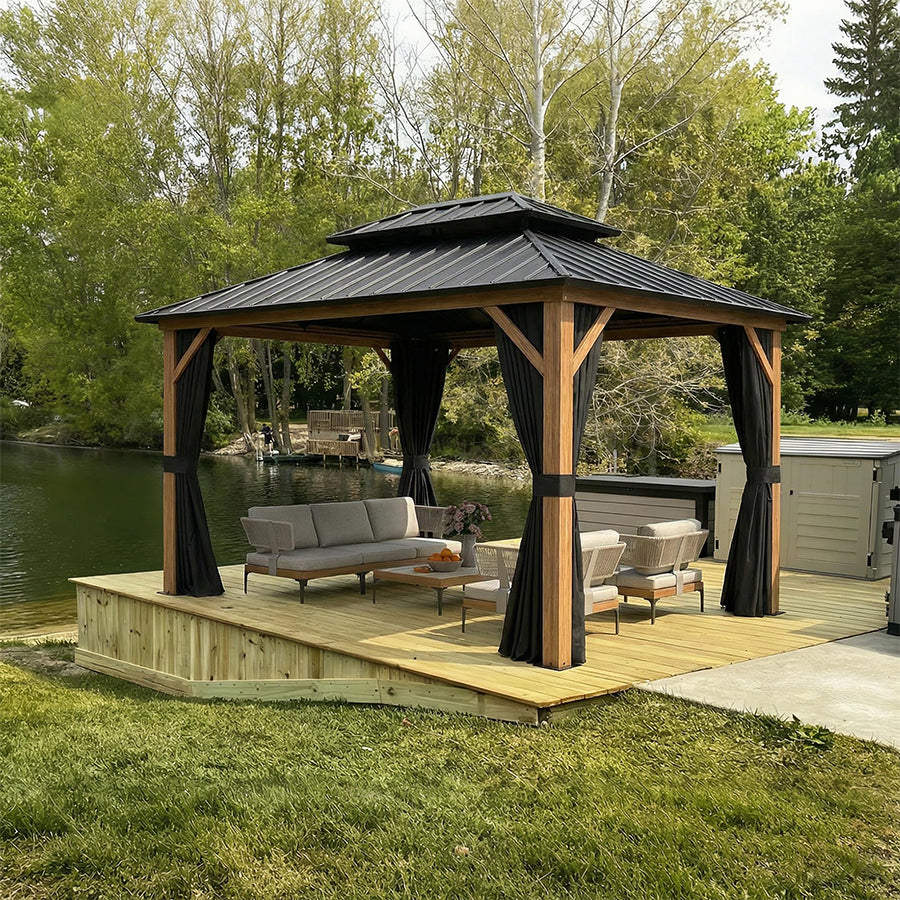 Double-Roof Metal Gazebo | Wood-Grain Aluminum Frame