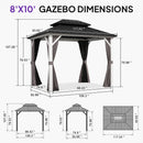 PURPLE LEAF Modern Gazebo Grey Hardtop Galvanized Steel Double Roof White Aluminum Poles with Curtains and Netting with Lights-milky