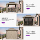 PURPLE LEAF Deck Gazebo Champagne Hardtop Metal Frame Double Roof with Curtains and Netting with Lights-clear