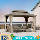 PURPLE LEAF Deck Gazebo Champagne Hardtop Metal Frame Double Roof with Curtains and Netting
