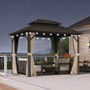 PURPLE LEAF Outdoor Hardtop Gazebo Bronze Metal Frame Galvanized Steel Double Roof with Lights-milky