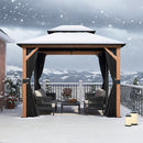 PURPLE LEAF Metal Gazebo Double Roof Wood Grain Aluminum Frame with Curtains and Netting