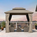 PURPLE LEAF Deck Gazebo Champagne Hardtop Metal Frame Double Roof with Curtains and Netting