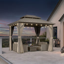 PURPLE LEAF Deck Gazebo Champagne Hardtop Metal Frame Double Roof with Curtains and Netting with Lights-milky