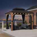 PURPLE LEAF Metal Gazebo Double Roof Wood Grain Aluminum Frame with Curtains and Netting with Lights-clear