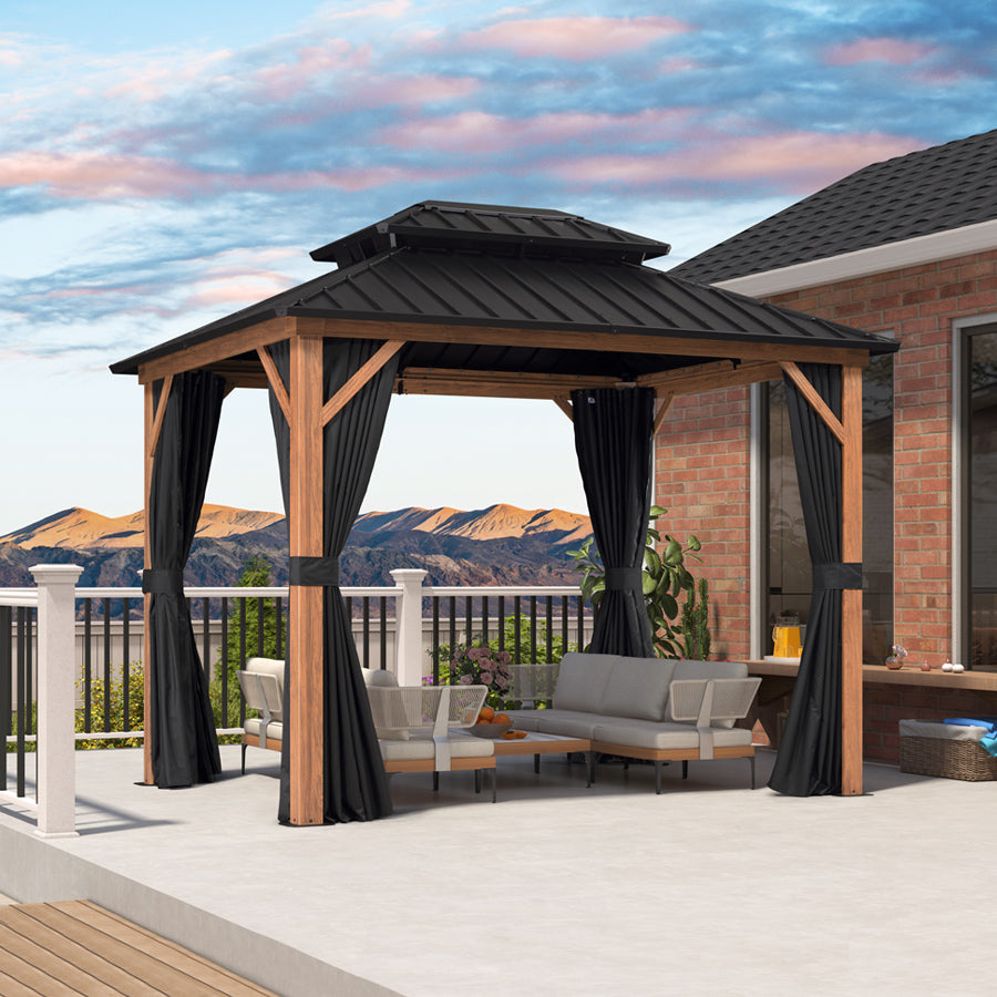 Double-Roof Metal Gazebo | Wood-Grain Aluminum Frame