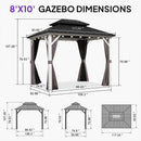 PURPLE LEAF Modern Gazebo Grey Hardtop Galvanized Steel Double Roof White Aluminum Poles with Curtains and Netting with Lights-clear