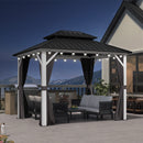 PURPLE LEAF Modern Gazebo Grey Hardtop Galvanized Steel Double Roof White Aluminum Poles with Curtains and Netting with Lights-milky