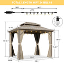 PURPLE LEAF Deck Gazebo Champagne Hardtop Metal Frame Double Roof with Curtains and Netting with Lights-clear