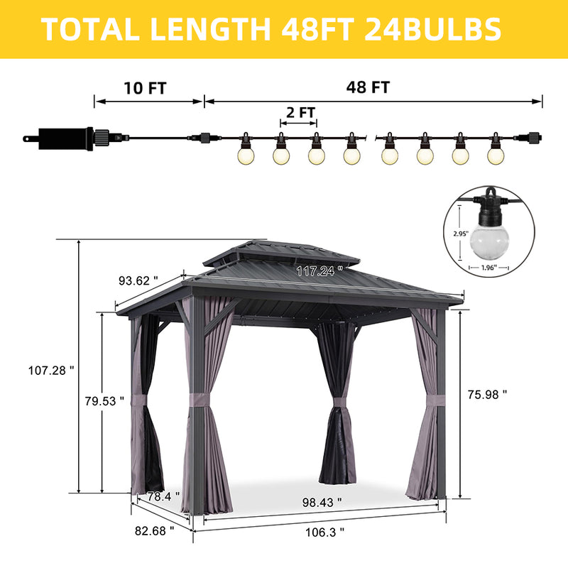 PURPLE LEAF Grey Hardtop Gazebo with Heavy Duty Galvanized Steel Double Roof with String Lights