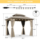 PURPLE LEAF Deck Gazebo Champagne Hardtop Metal Frame Double Roof with Curtains and Netting with Lights-milky