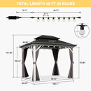 PURPLE LEAF Modern Gazebo Grey Hardtop Galvanized Steel Double Roof White Aluminum Poles with Curtains and Netting with Lights-clear