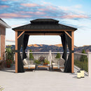 PURPLE LEAF Metal Gazebo Double Roof Wood Grain Aluminum Frame with Curtains and Netting with Lights-clear