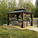 PURPLE LEAF Metal Gazebo Double Roof Wood Grain Aluminum Frame with Curtains and Netting with Lights-milky