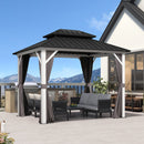 PURPLE LEAF Modern Gazebo Grey Hardtop Galvanized Steel Double Roof White Aluminum Poles with Curtains and Netting