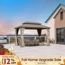 PURPLE LEAF Deck Gazebo Champagne Hardtop Metal Frame Double Roof with Curtains and Netting
