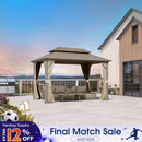 PURPLE LEAF Deck Gazebo Champagne Hardtop Metal Frame Double Roof with Curtains and Netting