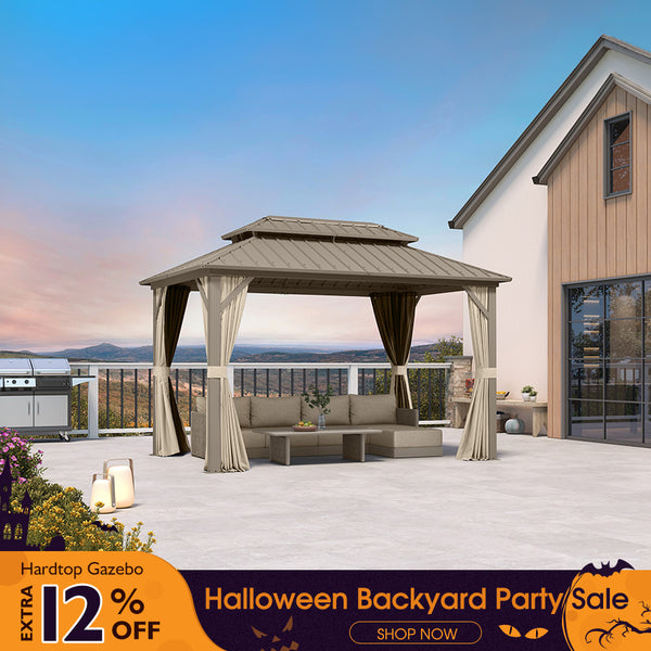 Hardtop Gazebo | Champagne Metal Frame & Curtains