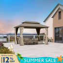 PURPLE LEAF Deck Gazebo Champagne Hardtop Metal Frame Double Roof with Curtains and Netting