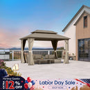 PURPLE LEAF Deck Gazebo Champagne Hardtop Metal Frame Double Roof with Curtains and Netting