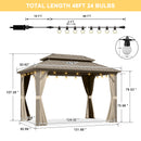 PURPLE LEAF Deck Gazebo Champagne Hardtop Metal Frame Double Roof with Curtains and Netting with Lights-clear