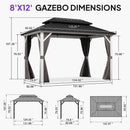 PURPLE LEAF Modern Gazebo Grey Hardtop Galvanized Steel Double Roof White Aluminum Poles with Curtains and Netting