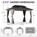 PURPLE LEAF Modern Gazebo Grey Hardtop Galvanized Steel Double Roof White Aluminum Poles with Curtains and Netting with Lights-clear