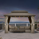 PURPLE LEAF Deck Gazebo Champagne Hardtop Metal Frame Double Roof with Curtains and Netting with Lights-clear