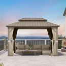 PURPLE LEAF Deck Gazebo Champagne Hardtop Metal Frame Double Roof with Curtains and Netting
