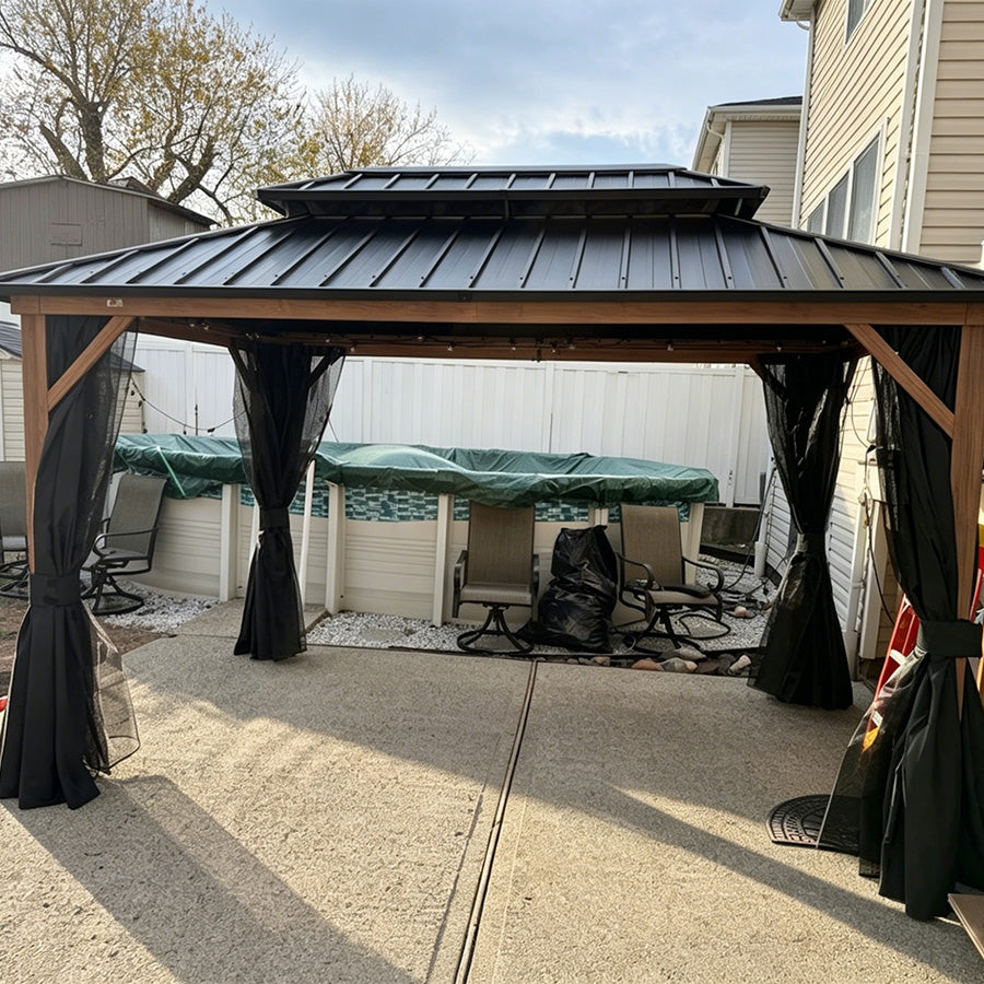 Double-Roof Metal Gazebo | Wood-Grain Aluminum Frame