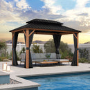 PURPLE LEAF Metal Gazebo Double Roof Wood Grain Aluminum Frame with Curtains and Netting