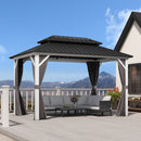 PURPLE LEAF Modern Gazebo Grey Hardtop Galvanized Steel Double Roof White Aluminum Poles with Curtains and Netting with Lights-milky