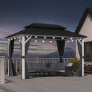 PURPLE LEAF Modern Gazebo Grey Hardtop Galvanized Steel Double Roof White Aluminum Poles with Curtains and Netting with Lights-milky