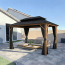 PURPLE LEAF Metal Gazebo Double Roof Wood Grain Aluminum Frame with Curtains and Netting with Lights-clear