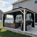 PURPLE LEAF Modern Gazebo Grey Hardtop Galvanized Steel Double Roof White Aluminum Poles with Curtains and Netting with Lights-milky