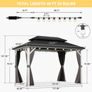 PURPLE LEAF Modern Gazebo Grey Hardtop Galvanized Steel Double Roof White Aluminum Poles with Curtains and Netting with Lights-milky
