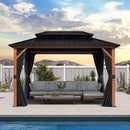 PURPLE LEAF Metal Gazebo Double Roof Wood Grain Aluminum Frame with Curtains and Netting with Lights-clear