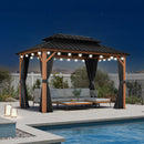 PURPLE LEAF Metal Gazebo Double Roof Wood Grain Aluminum Frame with Curtains and Netting with Lights-milky