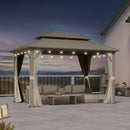 PURPLE LEAF Deck Gazebo Champagne Hardtop Metal Frame Double Roof with Curtains and Netting with Lights-milky