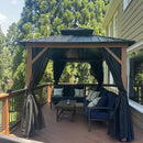PURPLE LEAF Metal Gazebo Double Roof Wood Grain Aluminum Frame with Curtains and Netting with Lights-milky