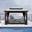 PURPLE LEAF Metal Gazebo Double Roof Wood Grain Aluminum Frame with Curtains and Netting