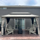 PURPLE LEAF Deck Gazebo Champagne Hardtop Metal Frame Double Roof with Curtains and Netting with Lights-milky